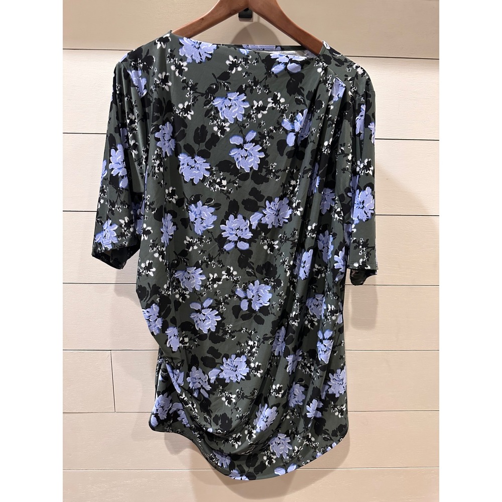 Lands End Womens 2X Floral Draped Ruched Front Knit Top Olive Blue Elbow Sleeve